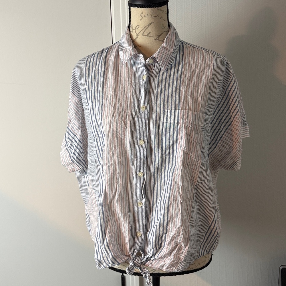 MADEWELL Short-Sleeve Tie-Front Striped Shirt size Large Blue and White - Picture 3 of 9